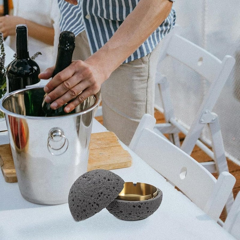 منفضة سجائر معدنية كبيرة بغطاء، ذات ملمس فحمي عميق، سلة نفايات مكتبية للمنزل والمكتب والشرفة - Image 5