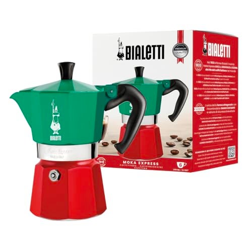 BIALeTTI Bialetti  Moka Express Italia Collection Iconic Stovetop Espresso Maker Makes Real Italian Coffee Moka Pot 6 Cups 9 Oz  270 Ml Aluminium Colored in Red Green Silver 