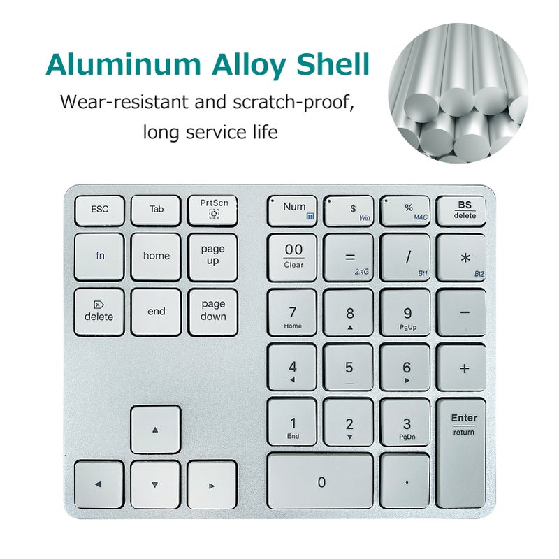 2.4G+BT5.0 Dual-mode Numeric Keyboard 35 Keys Financial Accounting Keyboard Aluminum Alloy Shell Built-in 300mAh Battery Black - Image 2