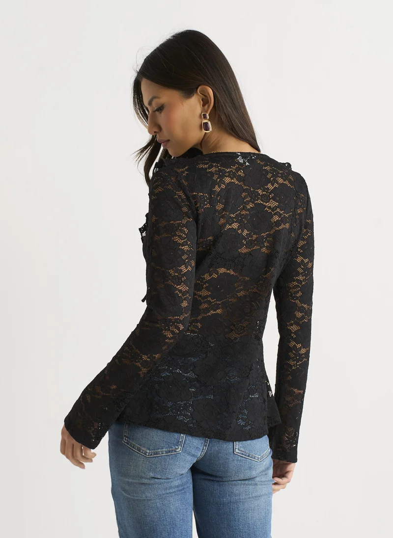 Gini London Black Jersey Lace Ruffle Tie Front Blouse