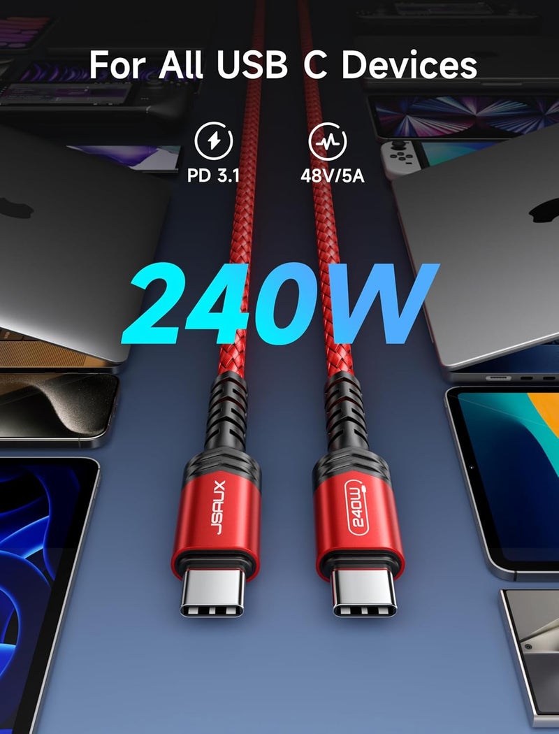 jsaux 240W USB C to USB C Cable 3M, USB C Cord Type C Fast Charger Cable Compatible with MacBook Pro Air, iPad, Dell XPS, iPhone 16/16 Pro Max/15/15 Pro Max, Samsung Galaxy, Pixel - Red - Image 2