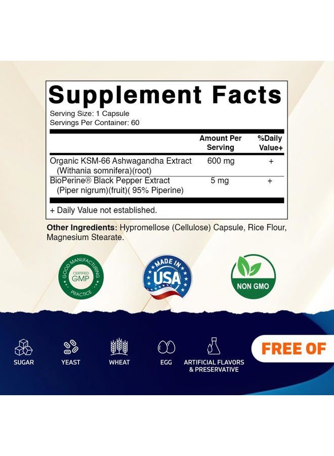 Vitamatic مستخلص جذر أشواغاندا KSM-66 + بيوبيرين - 600 ملغ، 60 كبسولة نباتية (1200 ملغ لكل 2 كبسولة) - Image 2