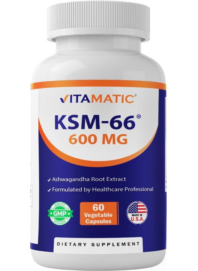 Vitamatic مستخلص جذر أشواغاندا KSM-66 + بيوبيرين - 600 ملغ، 60 كبسولة نباتية (1200 ملغ لكل 2 كبسولة) - Image 1