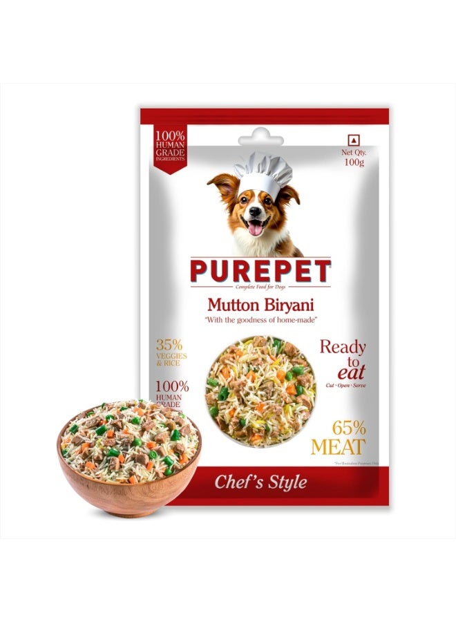 Purepet Fresh Dog Food Mutton Biryani, for Adult & Puppy, 100gm | High Protein, 65% Real Meat, 35% Veggies & Rice | No Preservatives | Ready to Serve | All Breeds (Pack of 12) - Image 1