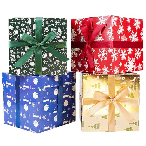 JWSCYSY Assorted Designs Christmas Gift Boxes with Lids Tissue Papers and Ribbons Medium Square Gift Boxes 4 Pcs 87 Inch Gift Wrapping Christmas Holiday New Year Presents Party Favor Boxes - Image 1