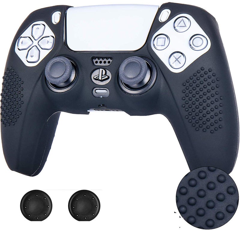 New World for PS5 Controller Silicone Cover Case Anti Slip Protective Case Sleeve for Sony PlayStation 5 DualSense Controller with Thumbgrips Free - Black - Image 1