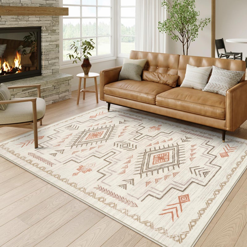 STARUIA Moroccan Washable Area Rug 5x7, Beige Western and Aztec Tribal Boys Neutral Rug for Living Room, Soft Non-Slip Stain Resistant Large Carpet for Bedroom Dining Room - Image 1