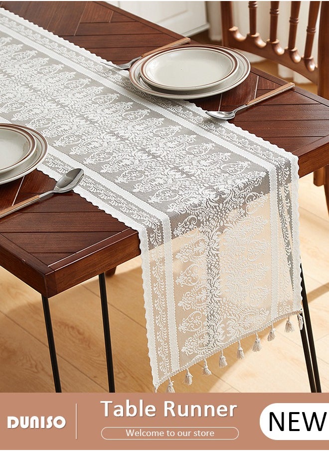 DUNISO Table Runner,Vintage Tablecloth, Hollow Embroidered Table Runner,White  Retro Floral Embroidery Table Runners Boho Runner for Dining, Bedroom, Kitchen Table Decor 30 * 220cm  - Image 1