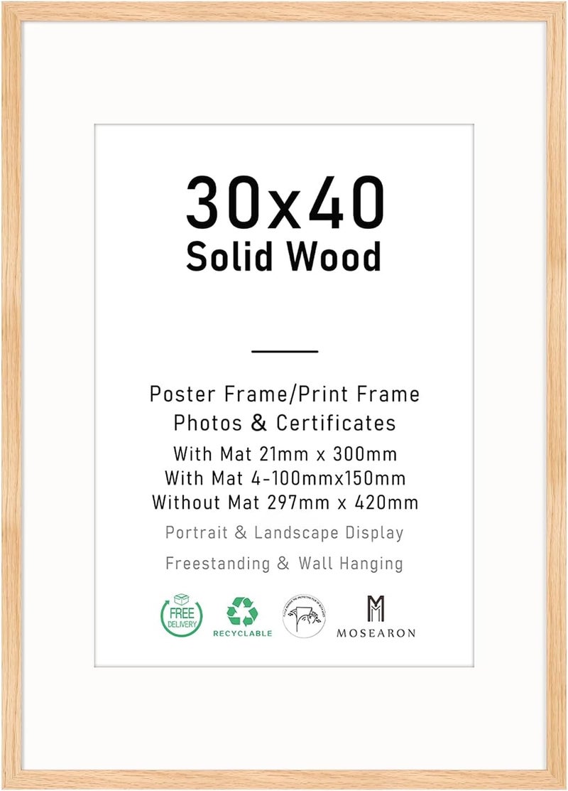 ATOBART 30x40cm Certificate Picture Frame,OAK Wood Photo Frame with mount for A4 or 4-4x6 print,Poster Frame with plexiglass for Wall Mount Display,Set of 1 - Image 1