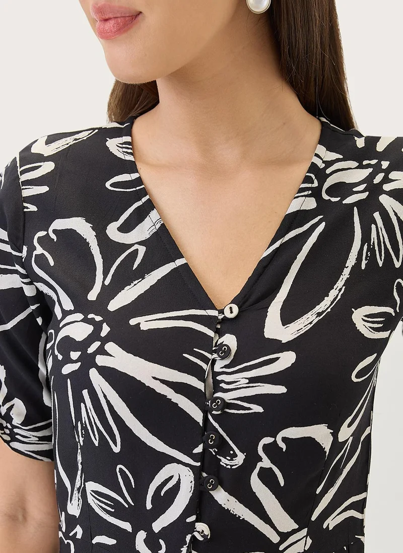 Globus Black Globus Women V-Neck Ruched Sleeves Floral Print Longline Jumpsuit for Women | Best Price UAE