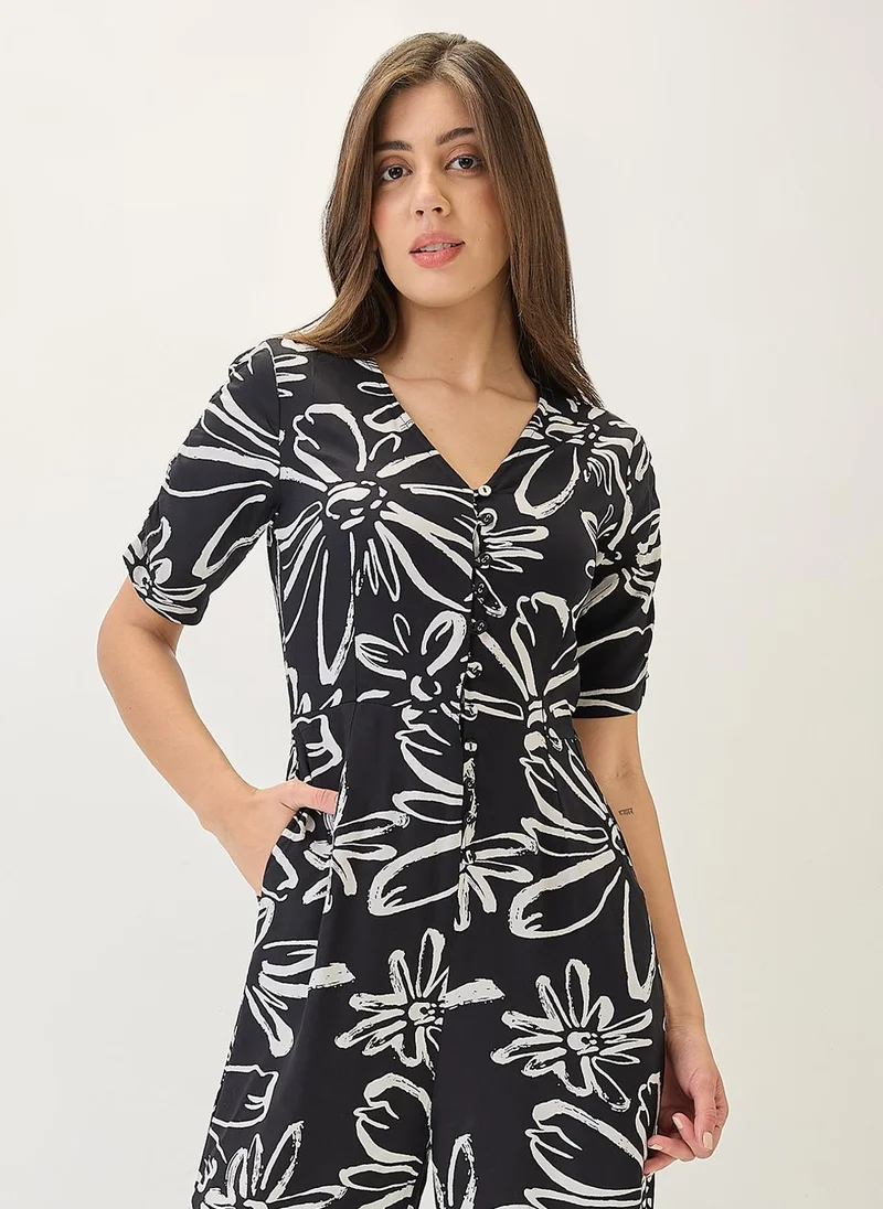Globus Black Globus Women V-Neck Ruched Sleeves Floral Print Longline Jumpsuit for Women | Best Price UAE