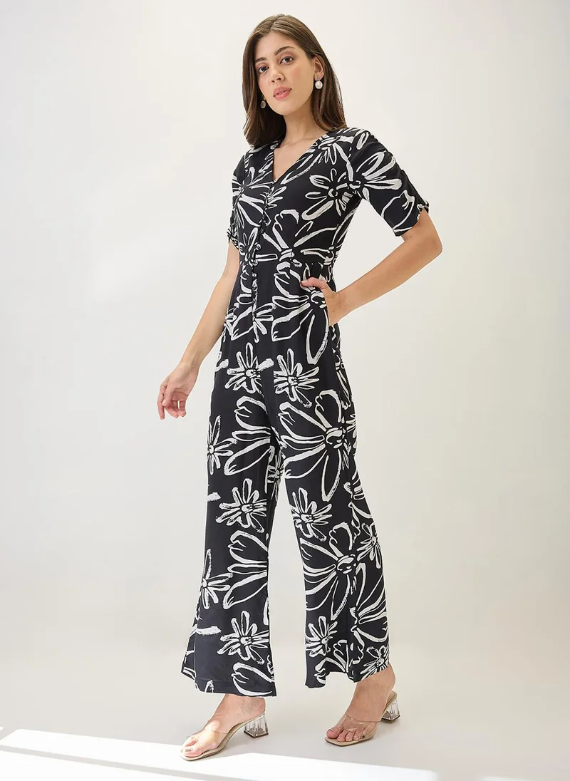 Globus Black Globus Women V-Neck Ruched Sleeves Floral Print Longline Jumpsuit for Women | Best Price UAE