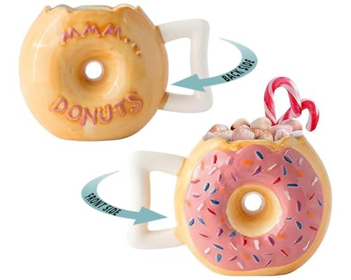 Comfify Ceramic Donut Mug Pink Glaze with Sprinkles Funny MMM Donuts Quote 14 oz Coffee Cup for Tea Hot Chocolate and More Giftable Novelty Drinkware
