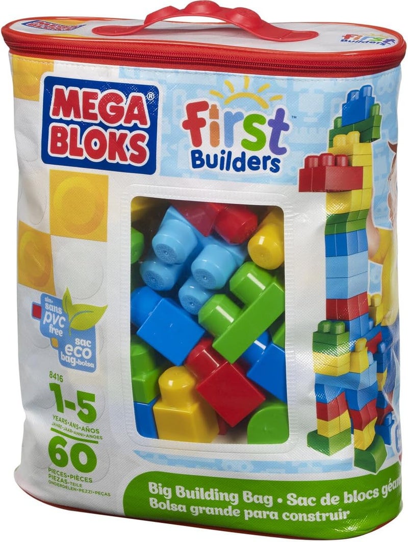 ميجا بلوكس مجموعة بناء Mega Bloks Big Building Bag مع 60 قطعة بناء كبيرة وملونة، وحقيبة تخزين واحدة، مجموعة هدايا ألعاب للأعمار من سنة فما فوق - Image 1