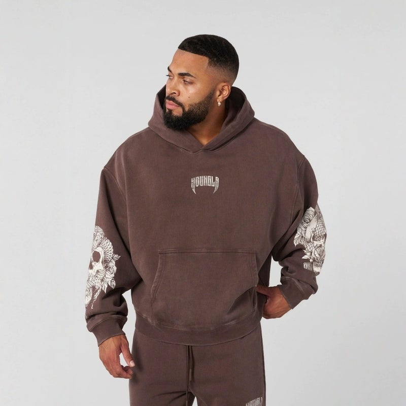 Generic YOUNGLA American Retro Fashion Brand Mens Hooded Sweater Autumn and Winter New Sports Fitness Running Training Hoodie Light brown