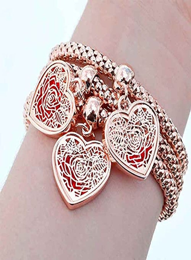 SILANER Crystal Charms Multilayer Bracelets - 3PCS Gold/Silver/Rose Gold Corn Chain Bracelet for Women, Tree of Life Heart Shaped Stretch Bracelet, 7.5 inches, Copper, crystal - Image 3