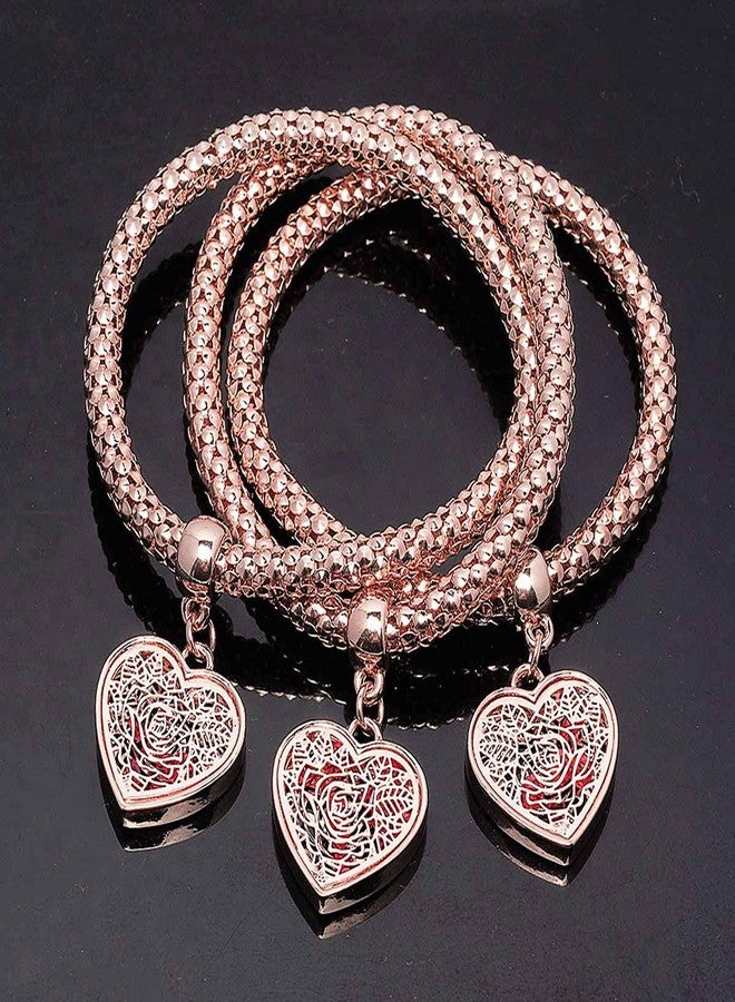 SILANER Crystal Charms Multilayer Bracelets - 3PCS Gold/Silver/Rose Gold Corn Chain Bracelet for Women, Tree of Life Heart Shaped Stretch Bracelet, 7.5 inches, Copper, crystal - Image 5
