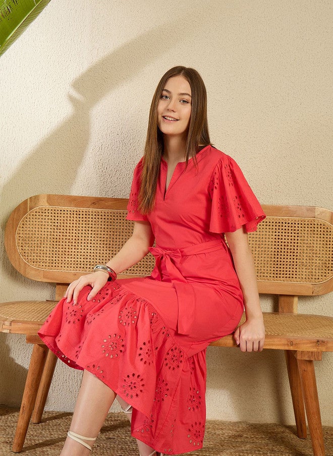 StyleStone فستان ميدي A-Line من القطن للنساء من ستايل ستون باللون الأحمر - Image 5