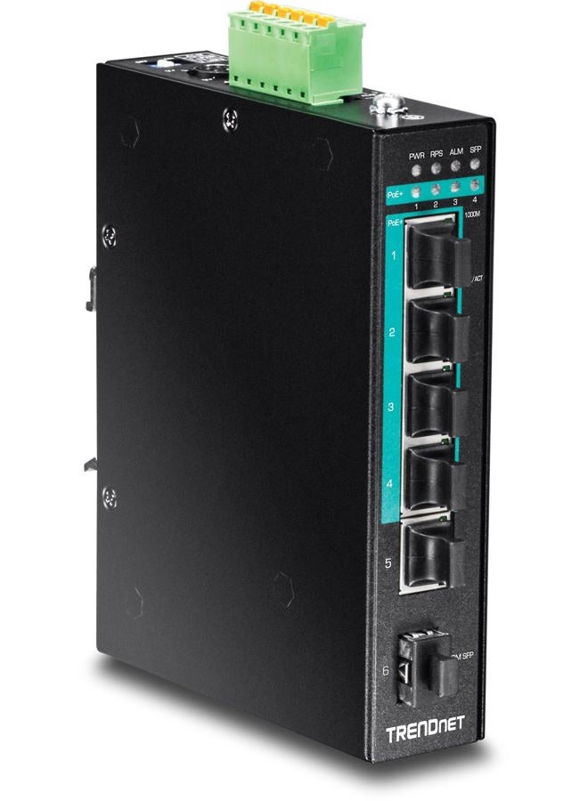 TRENDnet 5-Port Hardened Industrial Gigabit PoE+ DIN-Rail Switch, 120W Power Budget, 1 x SFP Slot, IP30 Rated, Unmanaged Switch, Gigabit PoE+ Network Switch, Lifetime Protection, Black, TI-PG541 - Image 1