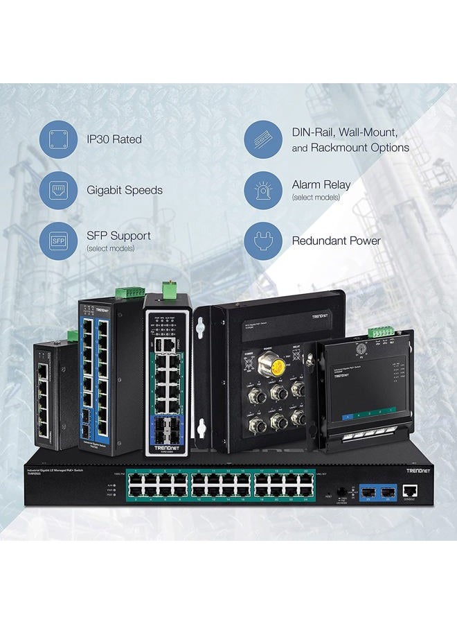 TRENDnet 5-Port Hardened Industrial Gigabit PoE+ DIN-Rail Switch, 120W Power Budget, 1 x SFP Slot, IP30 Rated, Unmanaged Switch, Gigabit PoE+ Network Switch, Lifetime Protection, Black, TI-PG541 - Image 5