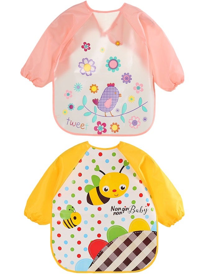 Sharpdo 2 Pcs Baby Long Sleeve Bibs, Toddler Feeding Waterproof Bibs with Great Capacity Pocket, Infant Smock Shirt Bib for Eating, Painting, Playing, Travel - Image 1