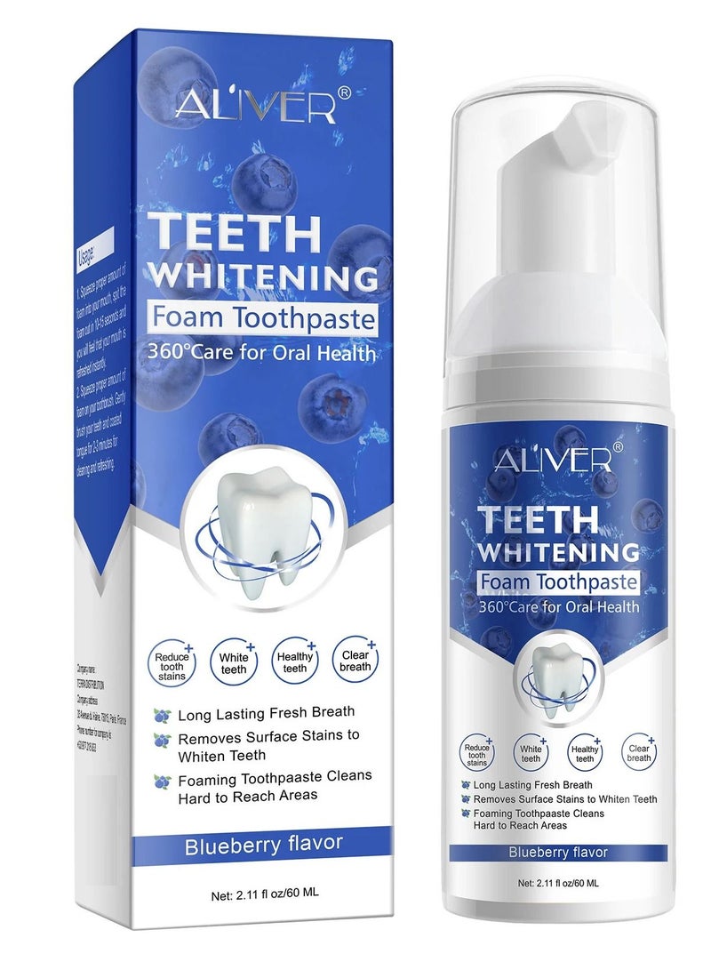 ALIVER Teeth Whitening Foam Toothpaste 60ml Blueberry Flavor Toothpaste Intensive Stain Removal Toothpaste Travel Friendly Easy to Use Oral Care Toothpaste Replacement Ultra-fine Mousse Foam  - Image 1