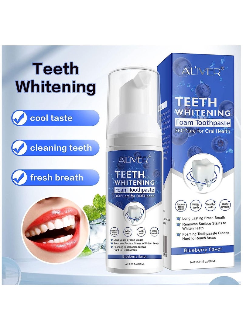 ALIVER Teeth Whitening Foam Toothpaste 60ml Blueberry Flavor Toothpaste Intensive Stain Removal Toothpaste Travel Friendly Easy to Use Oral Care Toothpaste Replacement Ultra-fine Mousse Foam  - Image 2