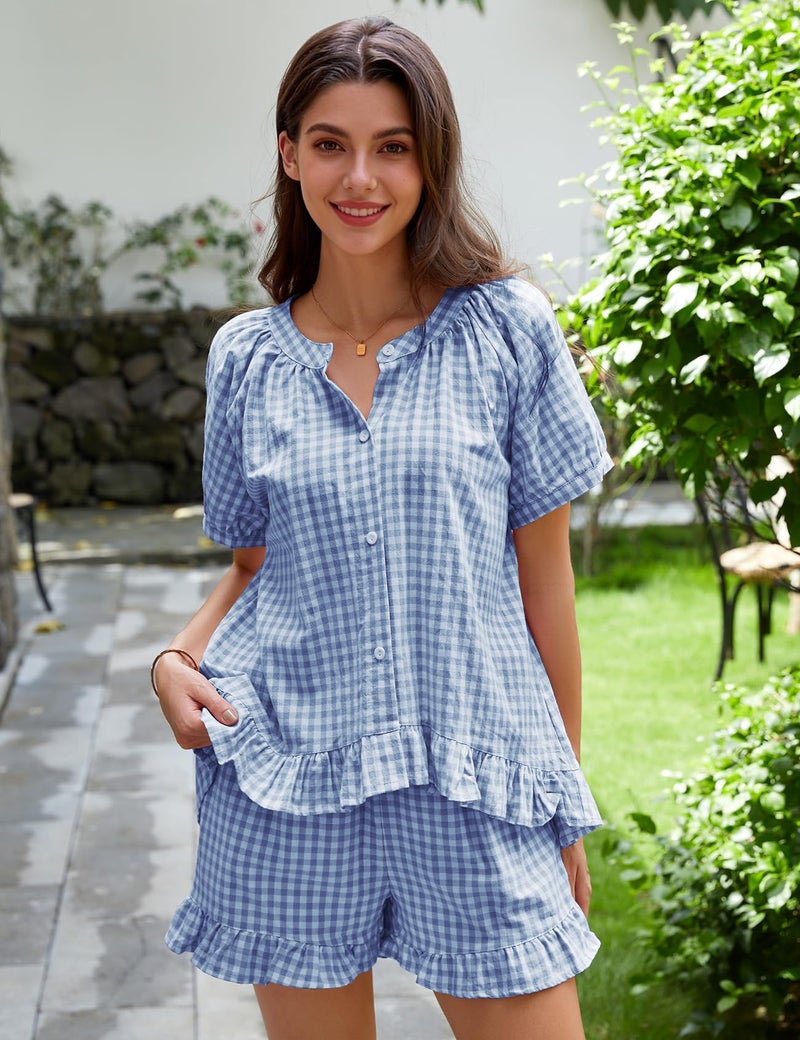 PEHMEA 2 Piece Gingham Pajama Sets for Women Summer Outfits 2026 Plaid Babydoll Shirt Ruffle Shorts Lounge Pjs(Blue-L) - Image 2