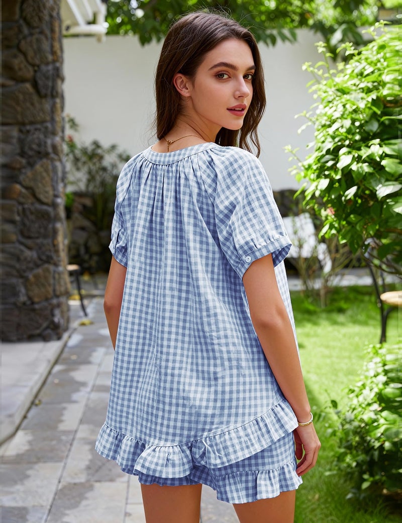 PEHMEA 2 Piece Gingham Pajama Sets for Women Summer Outfits 2026 Plaid Babydoll Shirt Ruffle Shorts Lounge Pjs(Blue-L) - Image 4