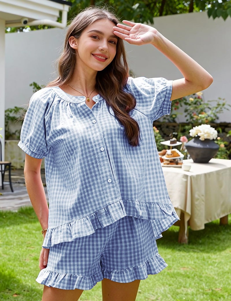 PEHMEA 2 Piece Gingham Pajama Sets for Women Summer Outfits 2026 Plaid Babydoll Shirt Ruffle Shorts Lounge Pjs(Blue-L) - Image 5
