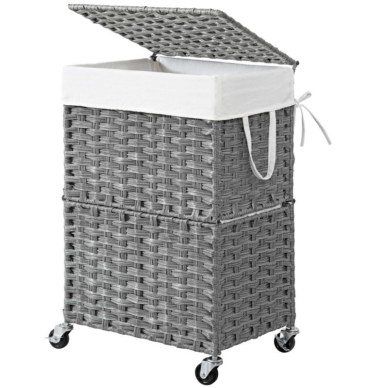 Chrislley 90L Slim Laundry Hamper with Wheels Rolling Laundry Basket with Lid and Renovable Liner Bag Handwoven Rattan Organizer for bedroom bathroom laundry room Grey