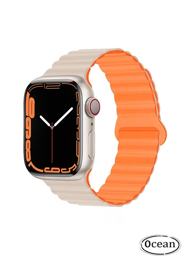 Ocean - Suitable for Apple Watch Strap 41mm 40mm 38mm Waterproof Soft Silicone Integrated Double Side Magnetic Sports Strap Compatible with iWatch Series 8/7/6/5/4/3/2/1/SE (White/Orange) - Image 1
