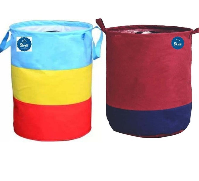 LAUNDRY BAG 45 L DURABLE AND COLLAPSIBLE LAUNDRY STORAGE BAG WITH HANDLES CLOTHES TOYS STORAGE FOLDABLE LAUNDRY BAG FOR DIRTY CLOTHES PACK OF 2 PC 1 MAROON 1 MULTICOLOUR