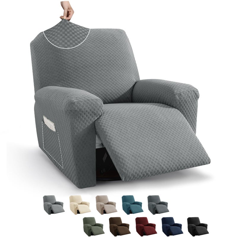 MAXIJIN Recliner Cover Slipcovers for Living Room 4 Pieces Stretch Jacquard Recliner Chair Cover Soft Fitted Recliner Protector with Elastic Bottom for Kids Pets Recliner Light Gray