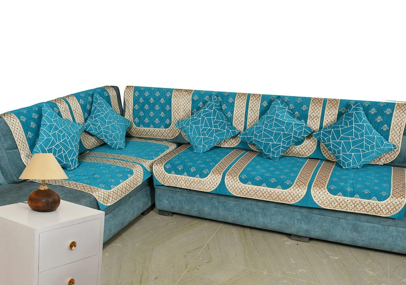 Dazzling DECOR Velvet L Shape Sofa Covers Set with 5 Cushion -Premium 7 Seater Sofa Slip Protector for Living Room Decor - Heavy Fabric Slip Protector for Long Couch, Aqua_1297. - Image 2