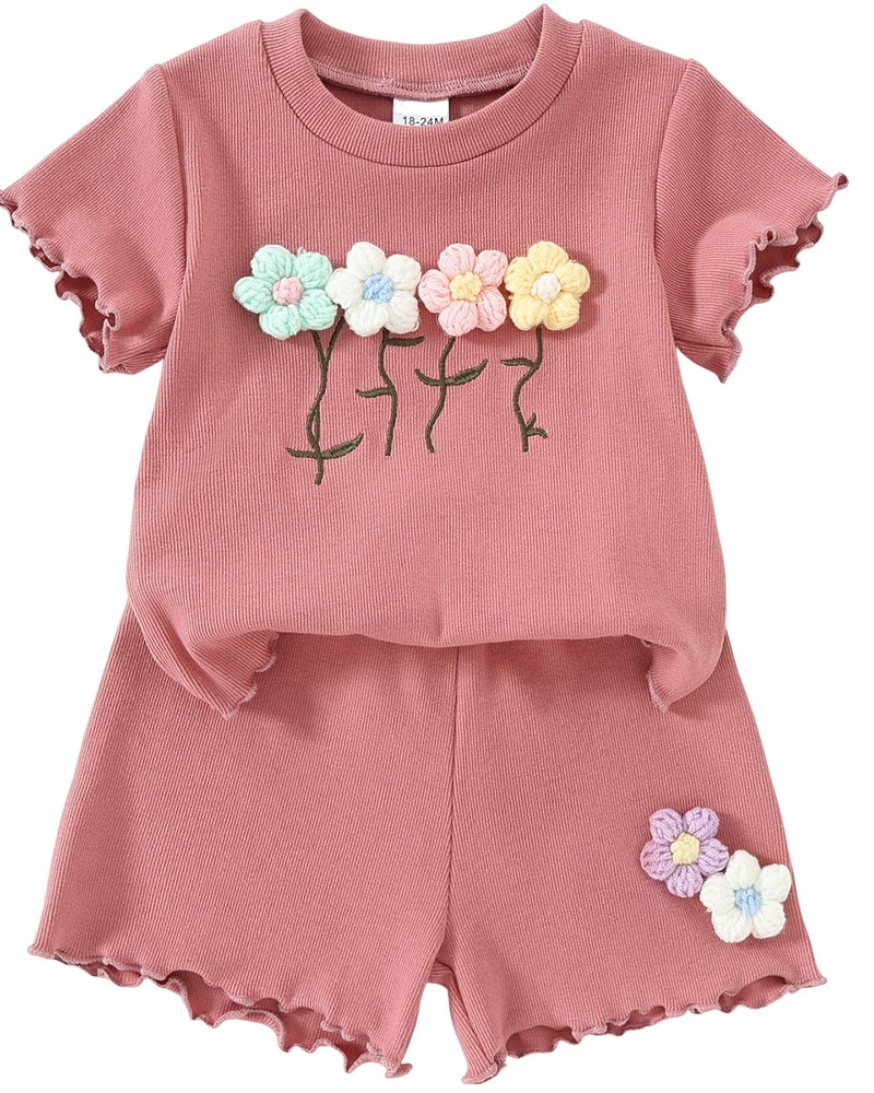 Yvowming Toddler Baby Girl Clothes Outfits,Summer Ruffle Ribbed Flower T Shirt Shorts Set Clothes for Girls (Pink, 4-5T - Image 1