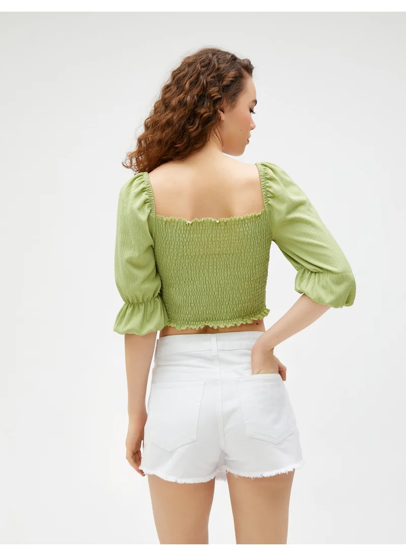 KOTON Crop T-Shirt Gimped Balloon Sleeve Square Neck