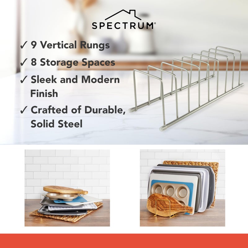 Spectrum Euro Kitchen Organizer Metal Dish Rack Cutting Board Holder Stand for Countertop or Inside Cabinet Organization, 8 Slot Cutting Board Plate Drying Rack for Bakeware Storage, Satin Nickel - Image 5