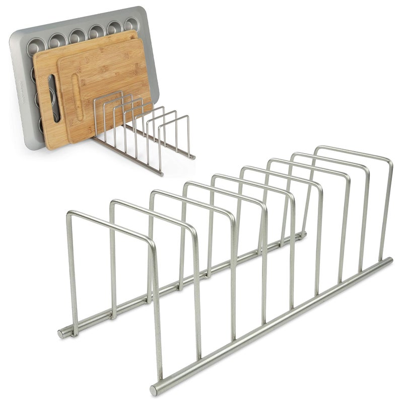 Spectrum Euro Kitchen Organizer Metal Dish Rack Cutting Board Holder Stand for Countertop or Inside Cabinet Organization, 8 Slot Cutting Board Plate Drying Rack for Bakeware Storage, Satin Nickel - Image 1