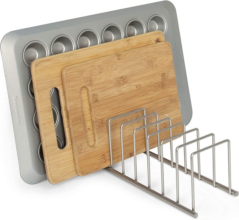 Spectrum Euro Kitchen Organizer Metal Dish Rack Cutting Board Holder Stand for Countertop or Inside Cabinet Organization, 8 Slot Cutting Board Plate Drying Rack for Bakeware Storage, Satin Nickel - Image 3