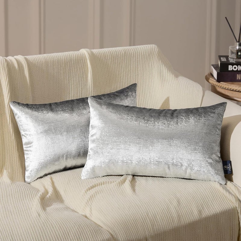 Phantoscope Pack of 2 Sparkling Velvet Decorative Solid Throw Decorative Pillow Cover Soft Silver Glitter Square Cushion Cover Pillowcase for Couch Bed and Chair, Gray, 12 x 20 inches, 30 x 50 cm - Image 1