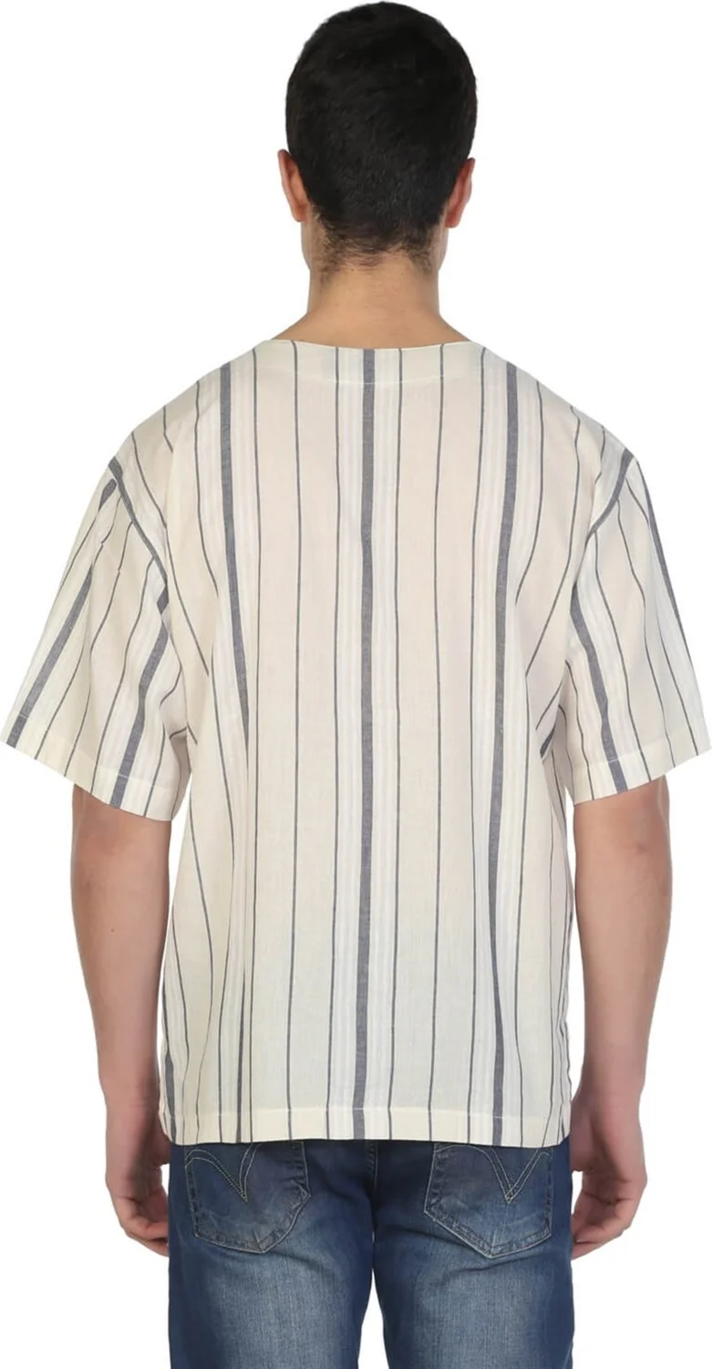 اليش شيل بيزي Eliş Şile Diaper Short Sleeve Şile Diaper Crew Neck Men's Tshirt Ecru Gray Striped