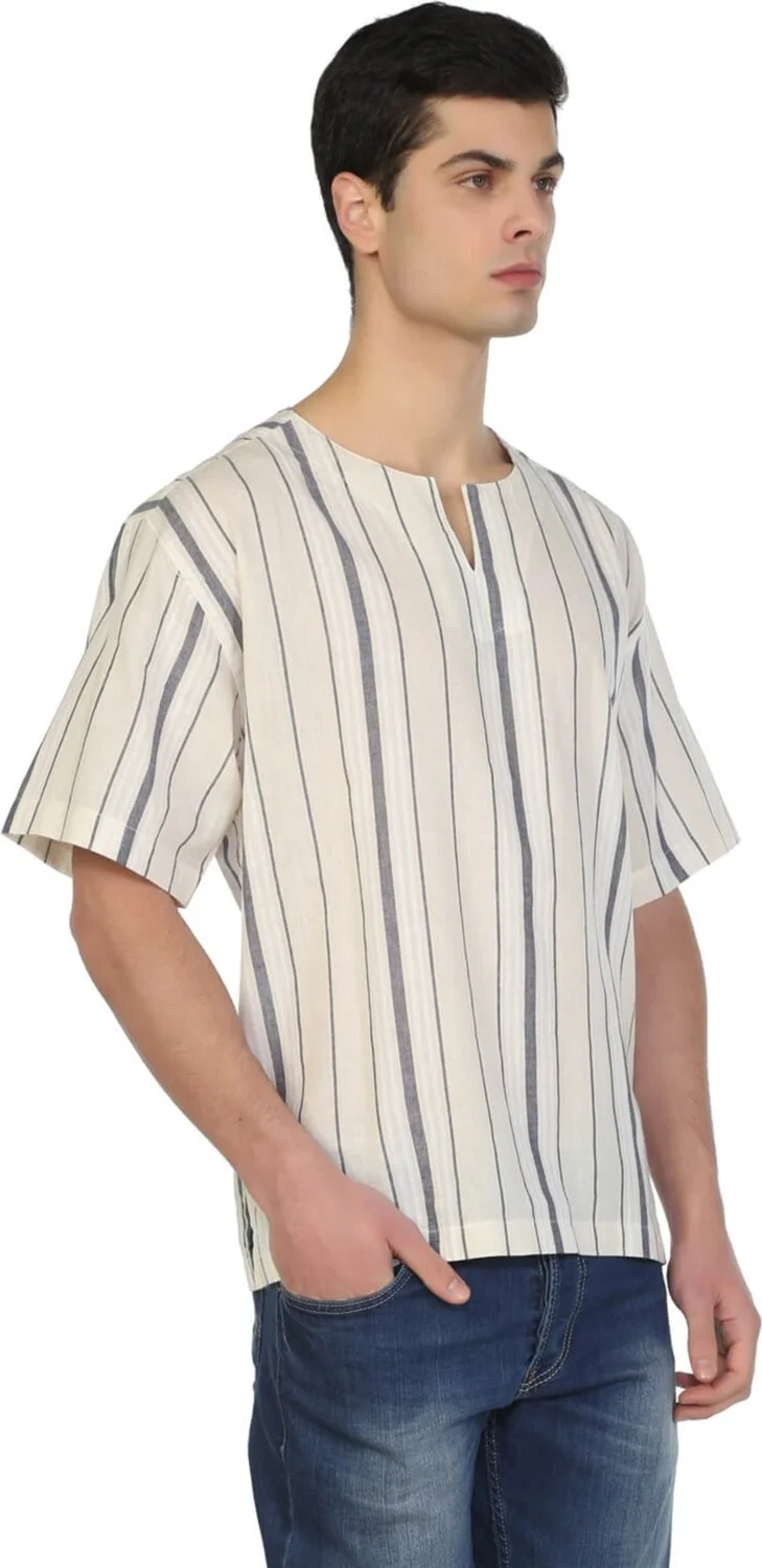 اليش شيل بيزي Eliş Şile Diaper Short Sleeve Şile Diaper Crew Neck Men's Tshirt Ecru Gray Striped