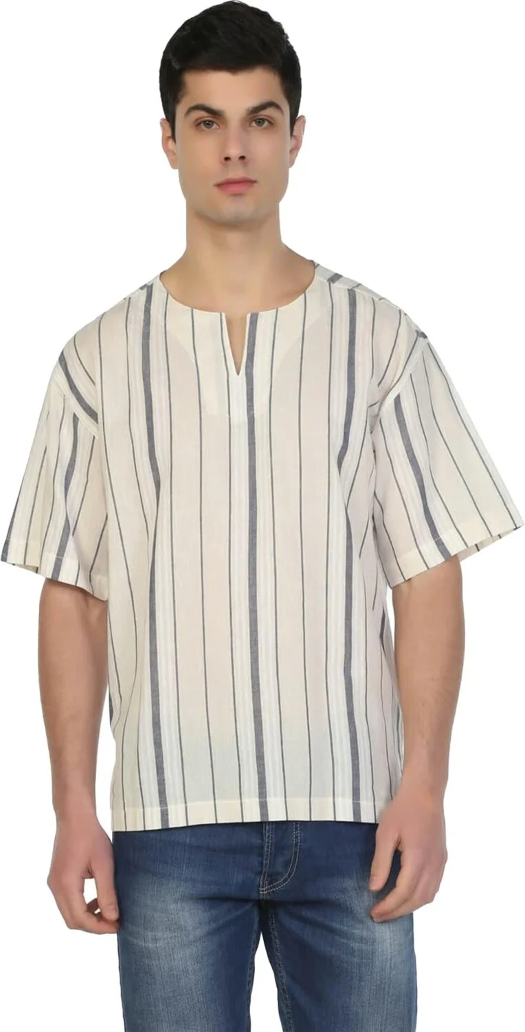 اليش شيل بيزي Eliş Şile Diaper Short Sleeve Şile Diaper Crew Neck Men's Tshirt Ecru Gray Striped