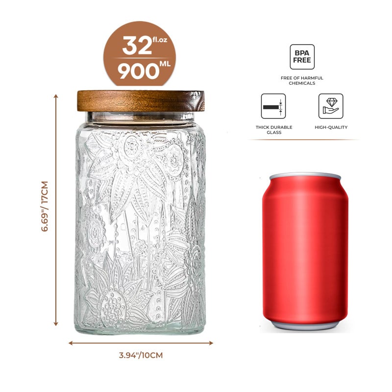 Adodeen 32oz Vintage Glass Jars With Lids, Airtight Food Storage Containers, Kitchen Canisters For Sugar, Coffee, Tea, Spice, Flour, Candy Cookie, Pasta, Cereal, Cute Decorative Jars - Image 2