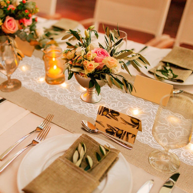 Xinnun 6 Pack Burlap Table Runner with LED String Lights, Modern Rustic Lace Natural Vintage Boho Jute Wedding Table Decor for Farmhouse Thanksgiving Christmas(Classic Style,12x108 Inches) - Image 4