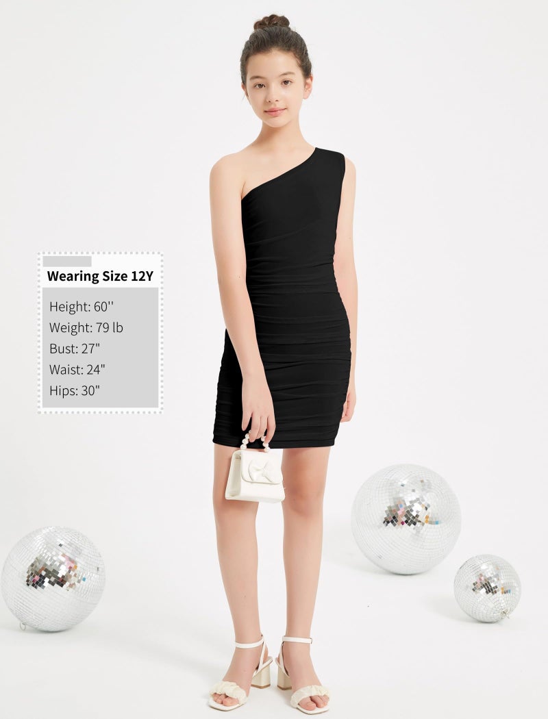 EXARUS Girls Bodycon Dress Party Dance Tight Ruched Mesh Sleeveless One Shoulder Short Pencil Dresses Black 12 Years - Image 5