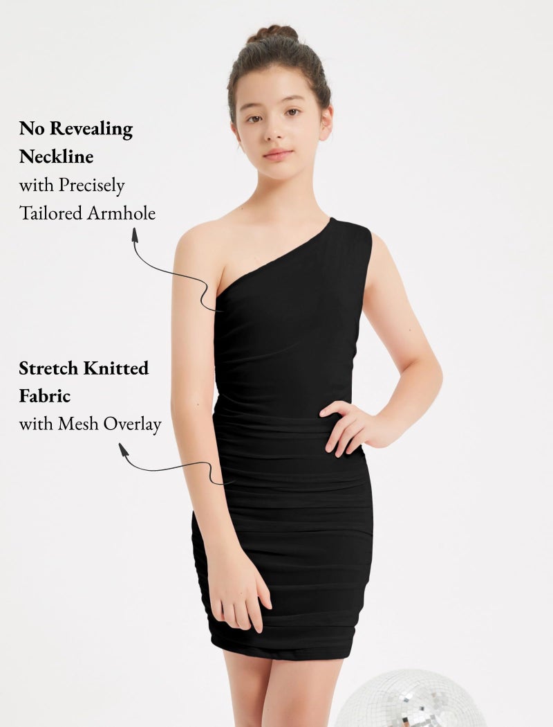 EXARUS Girls Bodycon Dress Party Dance Tight Ruched Mesh Sleeveless One Shoulder Short Pencil Dresses Black 12 Years - Image 4