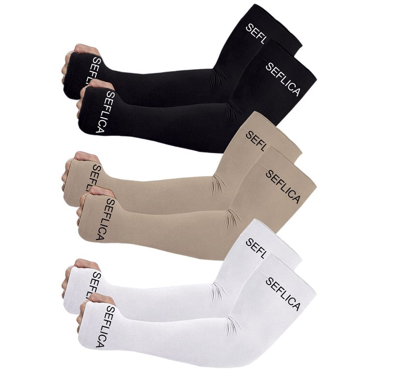 SEFLICA UV Sun Protection Cooling UPF 50 Compression Arm Sleeve for Men and Women With Thumb Hole, Arm Sleeves for Boys and Girls, For Tattoo Cover Up and Sports, 3 Pair - Black, Skin And White - Image 1