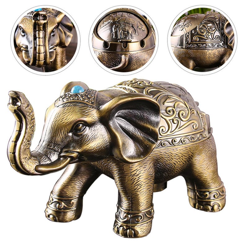 Vintage Metal Elephant Ashtray with Lid Windproof Ash Holder for Office Home - Image 5